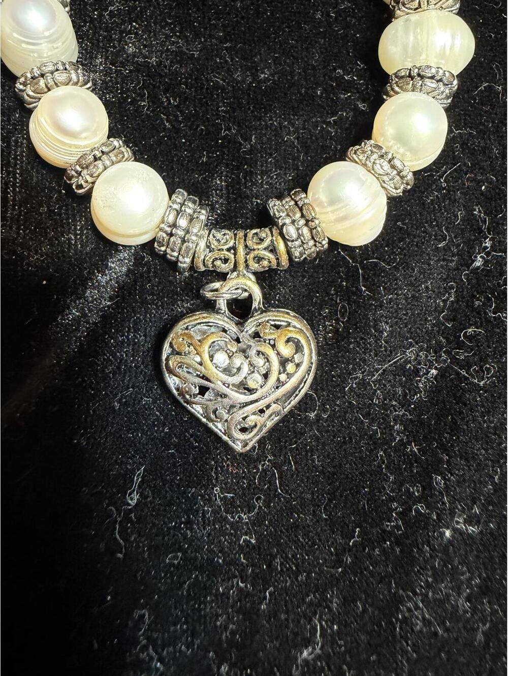 White Freshwater Pearl Heart Charm Stretch Bracelet with Silver-Tone Accents